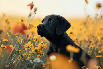 Cute puppy sitting in summer flower field. Generative AI