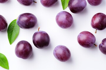 Delicious Ripe Plums on White Table - Flat Lay with Space for Text AI Generated