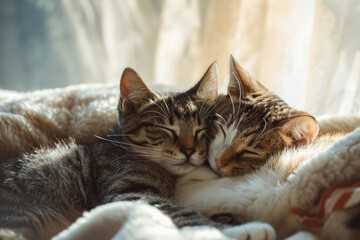 Two cats snuggling together. Two adorable kittens sleeping together close up. Generative AI