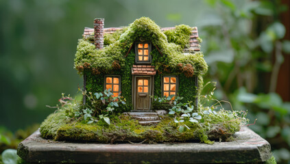 a green house is made from moss and green leaves on table, in the style of flat composition, wood