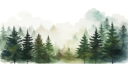 Foggy landscape with coniferous forest. illustration. Generative AI