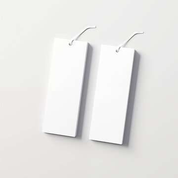 Mock-up de 2 marque-pages, blanc avec ficelle, sur un fond uni neutre couleur blanc. Photo produit maquette pour librairie, logo, produit commercial, marchandising, espace texte, copyspace
