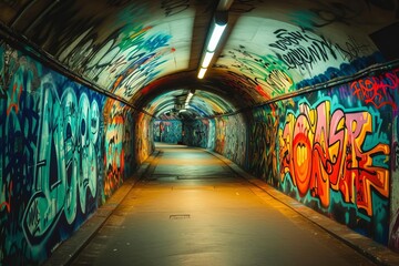 Artistic graffiti tunnel with urban culture and street performers