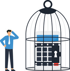 Controlled thoughts and lack of freedom in business, Businessman keeps a calculator in a cage concept,
