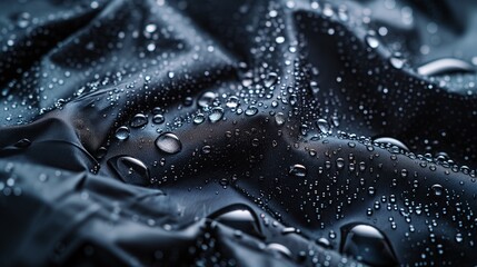 Close up picture of waterproof fabric with water droplets on the fabric