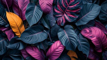 Vibrant colored abstract leaf textures, tropical leaves background. generative ai