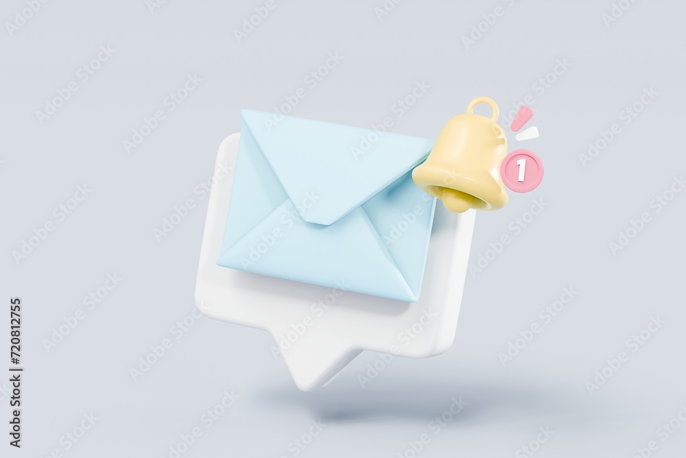 Poster 3d mail envelope icon with bell ringing notification new message sign icon. minimal 3d email letter 