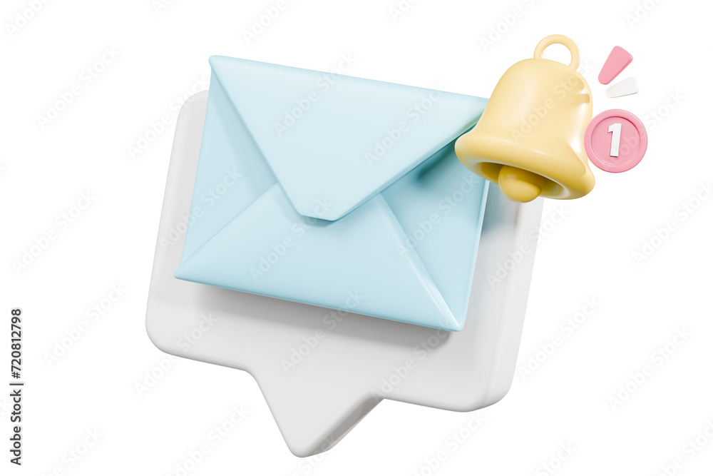 Poster 3d mail envelope icon with bell ringing notification new message sign icon. minimal 3d email letter 