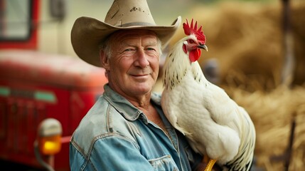 Rural Farmer Posing with a White Rooster. Generative ai