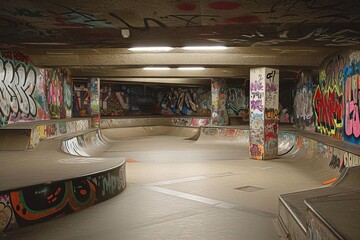Dynamic urban skate park with graffiti art and ramps