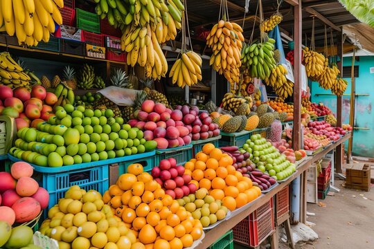 Exotic tropical fruit market with colorful displays