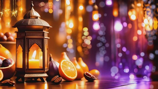 Arabic lantern lamps, plump dates and fresh oranges. against a backdrop of twinkling bokeh and softly blurred lamp illumination. Conjuring the spirit of Ramadan and Eid atmosphere.