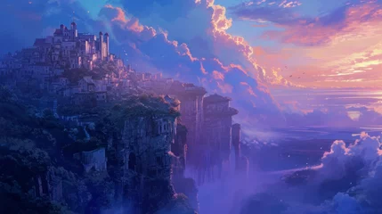 Fotobehang Twilight over a cliffside town, with manga style clouds generative ai © Kelly