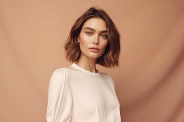 Modern fashion portrait of a woman with a chic crop top standing against a warm beige background
