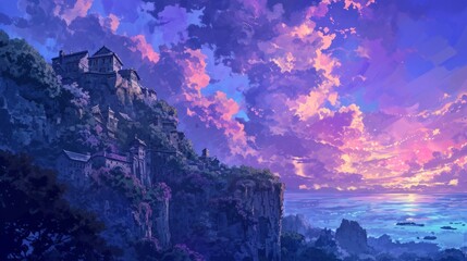 Twilight over a cliffside town, with manga style clouds generative ai - obrazy, fototapety, plakaty
