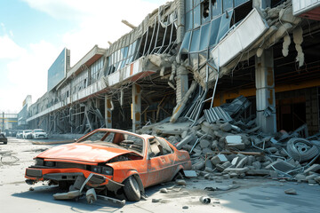 As result of terrorist attacks, building with shopping mall was crushed and cars were damaged AI Generative