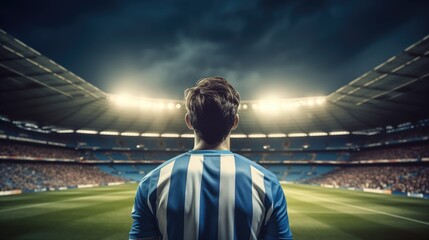 Back view of soccer player standing, he is ready for the football match under bright stadium lights