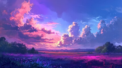 Twilights over a quiet meadow with vibrant violet and blue tones. manga style generative ai - obrazy, fototapety, plakaty