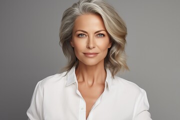 Fototapeta premium Studio portrait of a mature woman with silver hair and a white shirt, confidence and timeless elegance, isolated on gray background