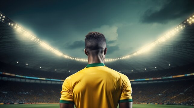 Back view of soccer player standing, he is ready for the football match under bright stadium lights