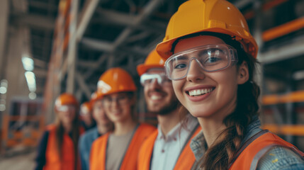 Young team of student engineers standing in hardhatss glasses and orange safety gear