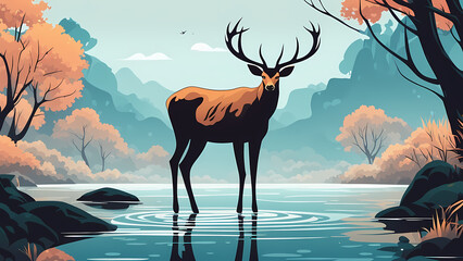Abstract background of deer in the rive. Forest fantasy landscape graphic illustration. Template for your design works ready to use. - obrazy, fototapety, plakaty
