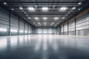 Spacious and modern empty gray industrial warehouse interior with bright lighting and a clean, polished concrete floor, reflecting a minimalistic design - obrazy, fototapety, plakaty