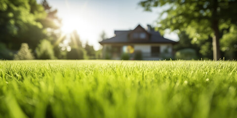 Fototapeta na wymiar Lush green lawn in sharp focus with a cozy house and trees softly blurred in the sunny peaceful suburban home background