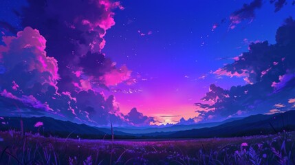 Twilights over a quiet meadow with vibrant violet and blue tones. manga style generative ai