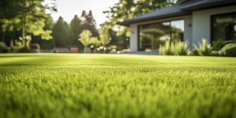 Lush green lawn in sharp focus with a cozy house and trees softly blurred in the sunny peaceful suburban home background