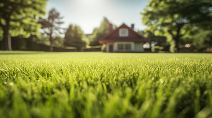 Fototapeta na wymiar Lush green lawn in sharp focus with a cozy house and trees softly blurred in the sunny peaceful suburban home background