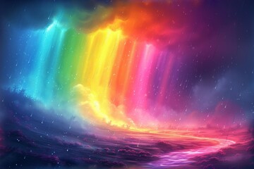 Rainbow Enlightenment. Escape to Reality series. Abstract arrangement of surreal sunset sunrise colors and textures on the subject of landscape painting, - obrazy, fototapety, plakaty