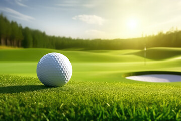 Golf ball on a lush green fairway, with a serene golf course landscape in background - obrazy, fototapety, plakaty