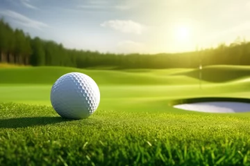 Selbstklebende Fototapeten Golf ball on a lush green fairway, with a serene golf course landscape in background © iridescentstreet