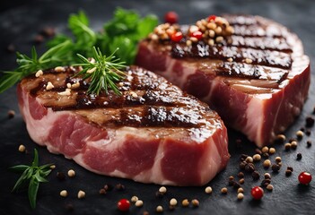  spices beef steaks background shaped heart grilled stone marble Two