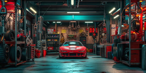 Сar in an atmospheric garage Polished red sports car in a well-equipped garage with atmospheric lighting - obrazy, fototapety, plakaty