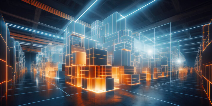 Futuristic digital warehouse using augmented reality. Smart logistics, ecommerce and delivery concept in modern industry