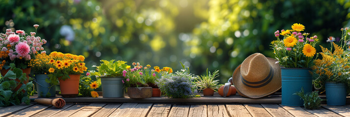 Gardening background or banner. Idyllic garden setting with colorful potted flowers and gardener's hat on a sunny day - obrazy, fototapety, plakaty