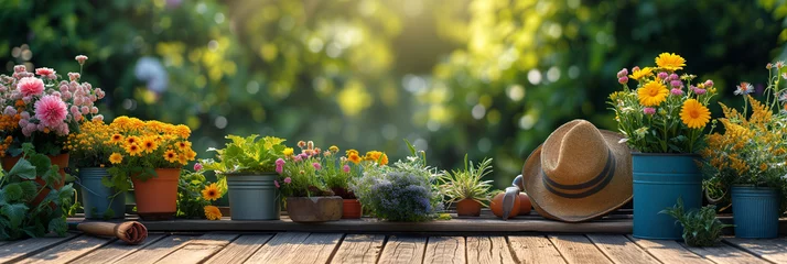 Tuinposter Gardening background or banner. Idyllic garden setting with colorful potted flowers and gardener's hat on a sunny day © T-elle