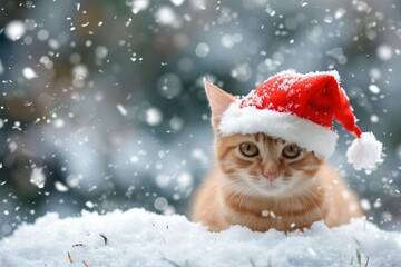 Red christmas santa hat cat in snowy landscape