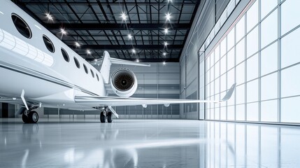 White private jet or plane inside a modern hangar