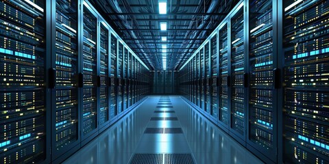 Futuristic data center with high-speed racks in server room - obrazy, fototapety, plakaty