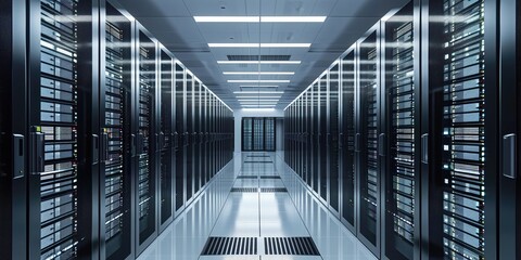 Futuristic data center with high-speed racks in server room