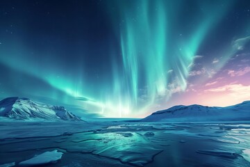 Spectacular aurora show over icy arctic landscape