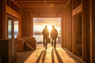 Two men dressed in work clothing stand on the ground floor of an indoor construction site, gazing up at the ceiling and the light pouring in through the windows of the unfinished building - obrazy, fototapety, plakaty