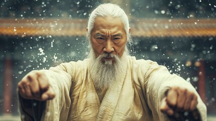 An elder martial artist with a white beard in traditional attire strikes a pose in a snowy temple setting