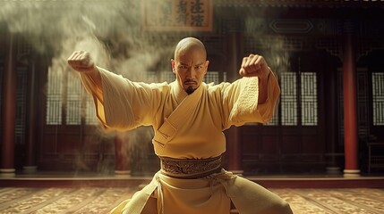Skilled kung fu master strikes a powerful pose inside a traditional dojo, reflecting years of dedication and mastery in martial arts - obrazy, fototapety, plakaty