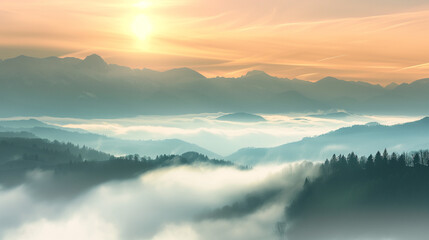 Fototapeta premium A breathtaking sunrise over mist-covered mountains, highlighting the beauty of early spring