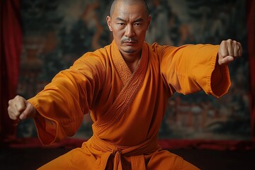 Skilled kung fu master strikes a powerful pose inside a traditional dojo, reflecting years of dedication and mastery in martial arts