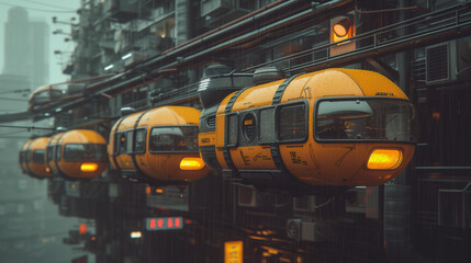Future.  Futuristic Pod Trains in Misty Metropolis